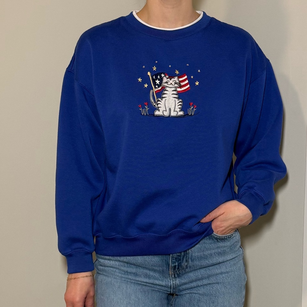 Cat 4th of July American Flag Blue Sweater